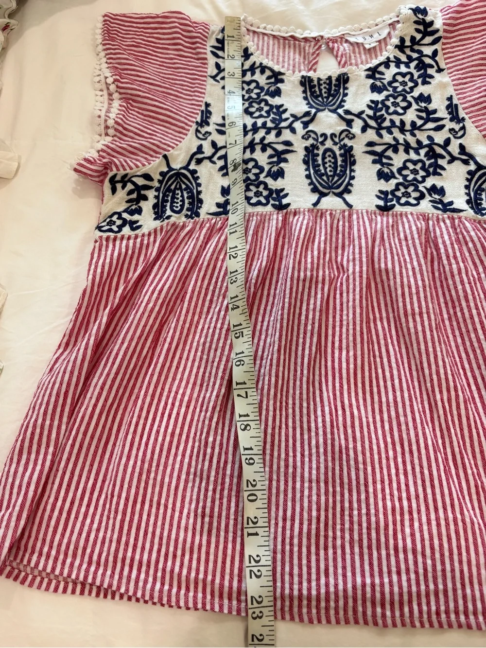 THML Sz S Top Cotton Linen Red White Striped Floral Embroidered Boho Cottagecore - Picture 9 of 10